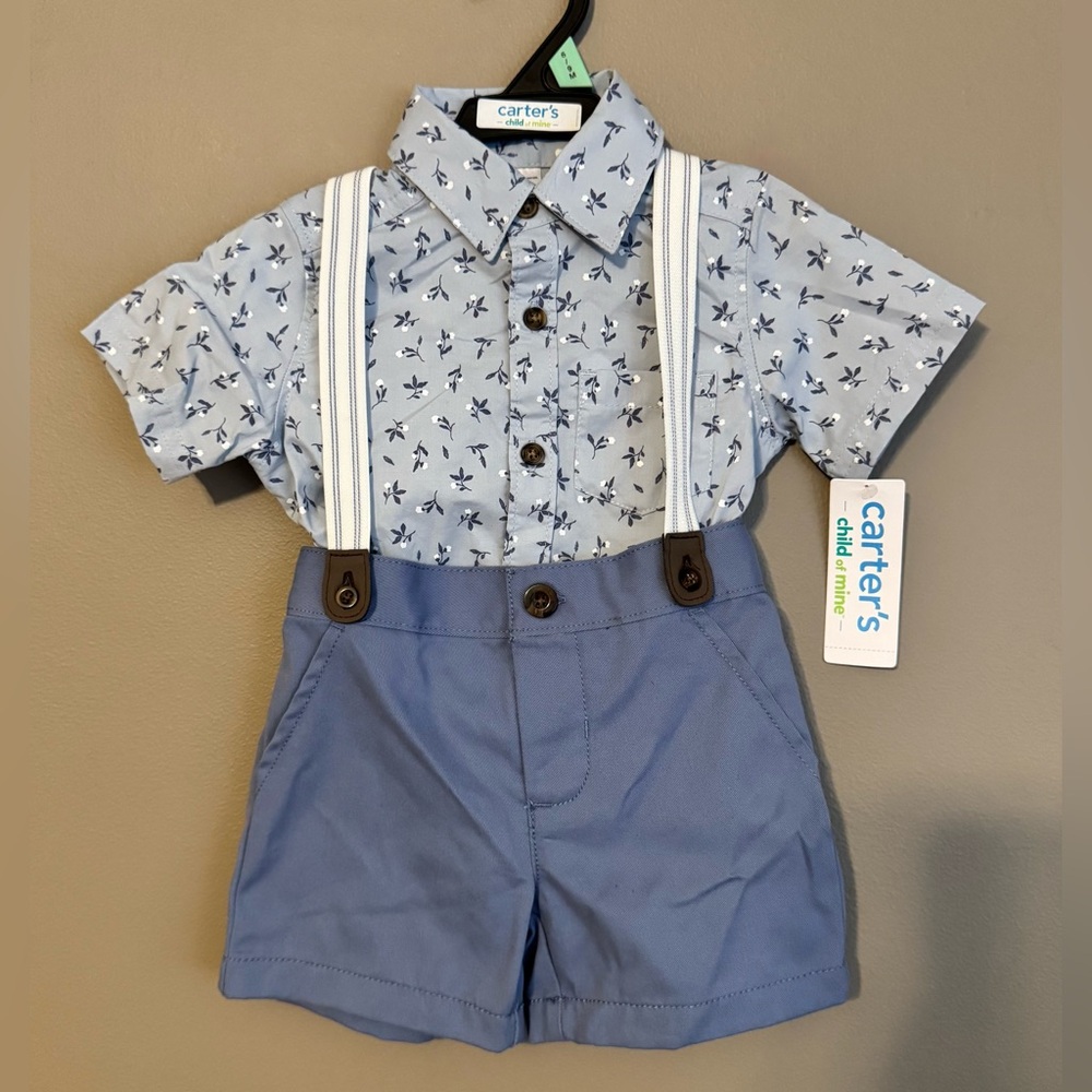 Carter's Child of Mine Baby Boy 3 Piece Set Shirt Suspenders Shorts 6-9mo NWT